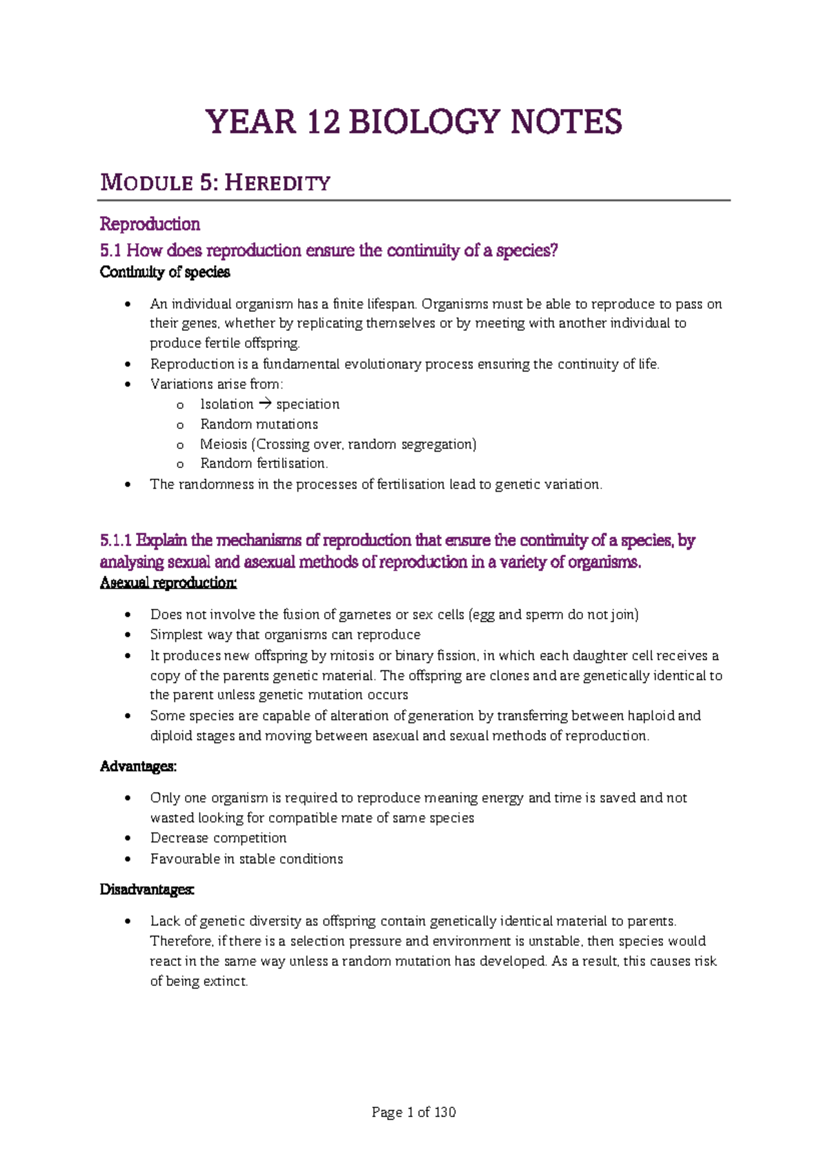 YEAR 12 BIOLOGY NOTES: MODULE 5 - HEREDITY & REPRODUCTION - Studocu