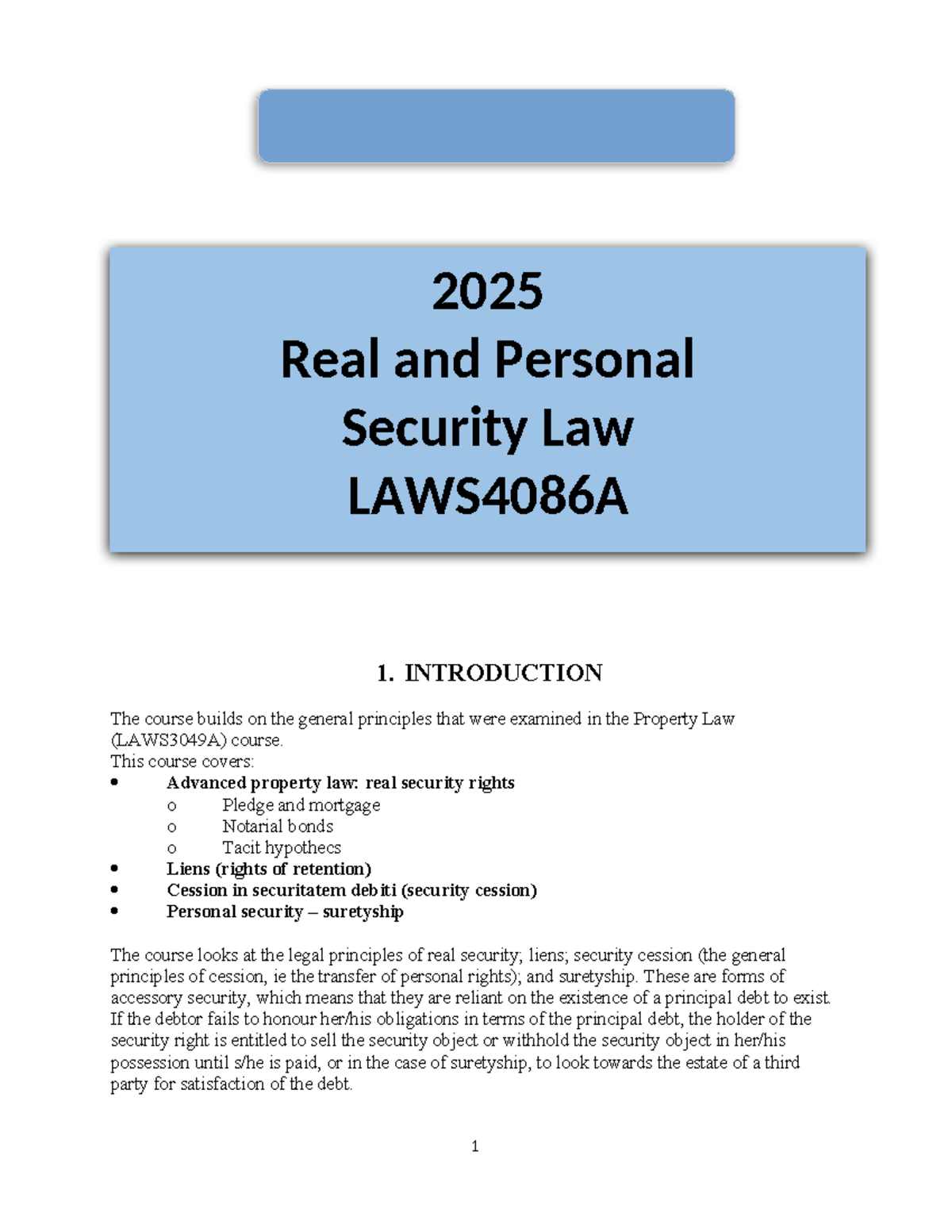 LAWS4086A Real and Personal Security Law Course Outline 2025 - Studocu