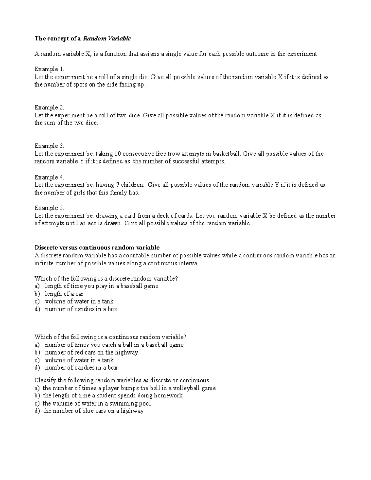 7.1 Random Variable Formula notes - The concept of a Random Variable A ...