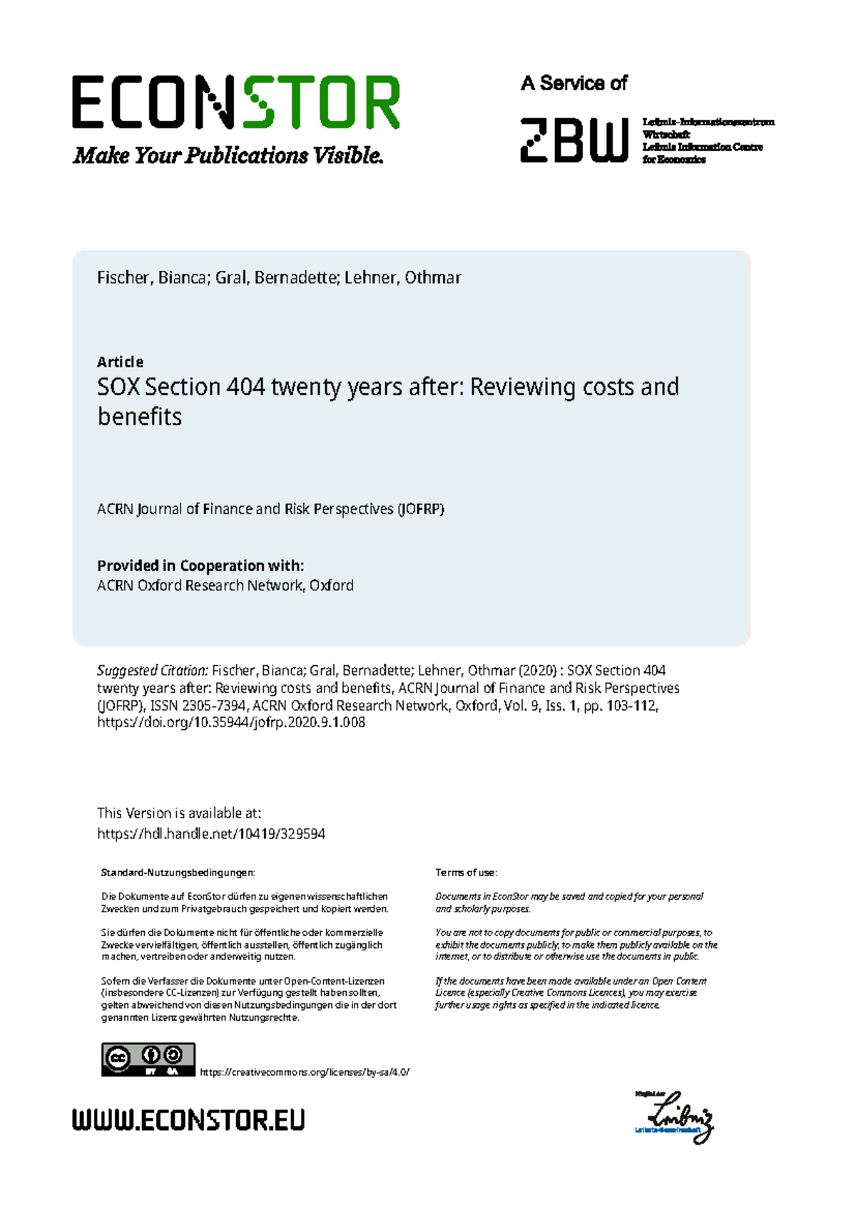 SOX Section 404: Costs and Benefits After 20 Years - A Review - Studocu