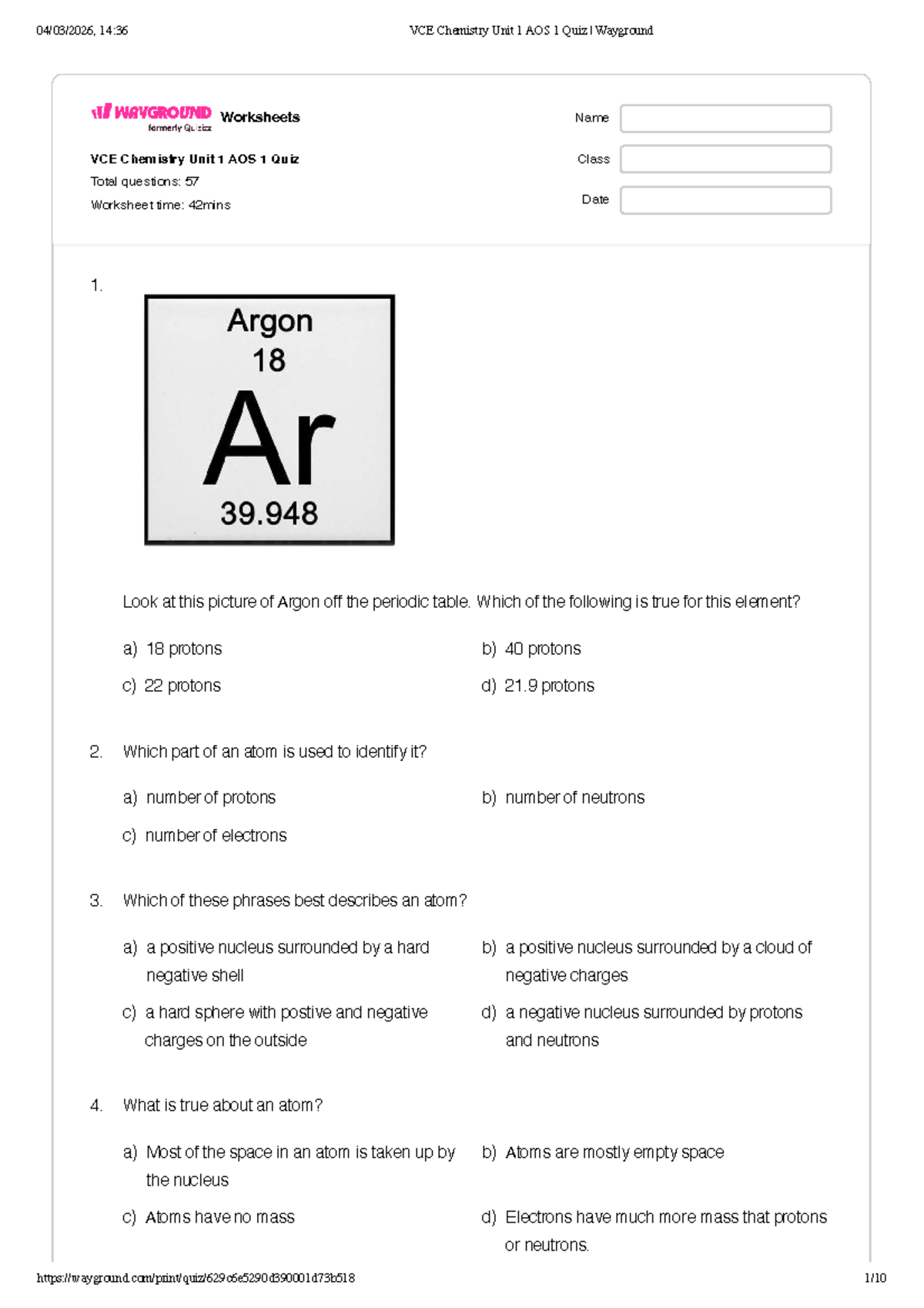 VCE Chemistry Unit 1 AOS 1 Quiz: Comprehensive Worksheet Review - Studocu