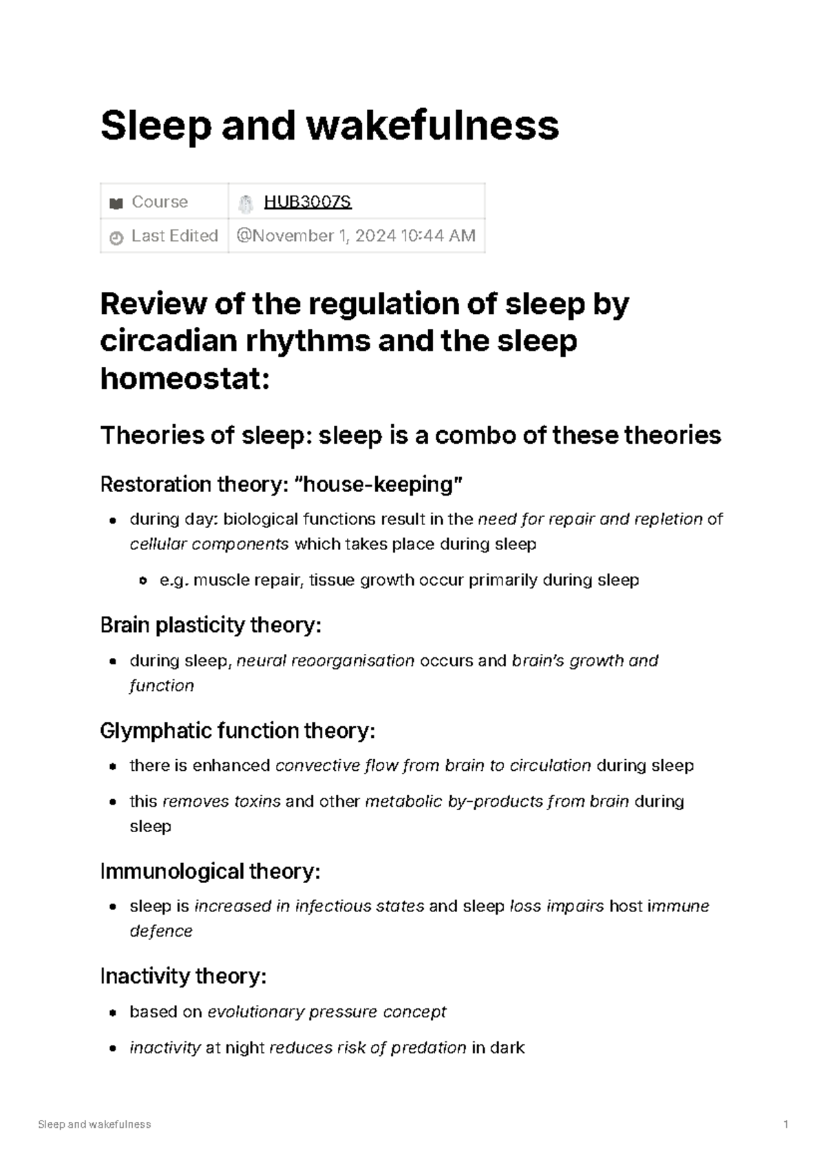 HUB3007S Final Exam Notes: Theories and Mechanisms of Sleep - Studocu