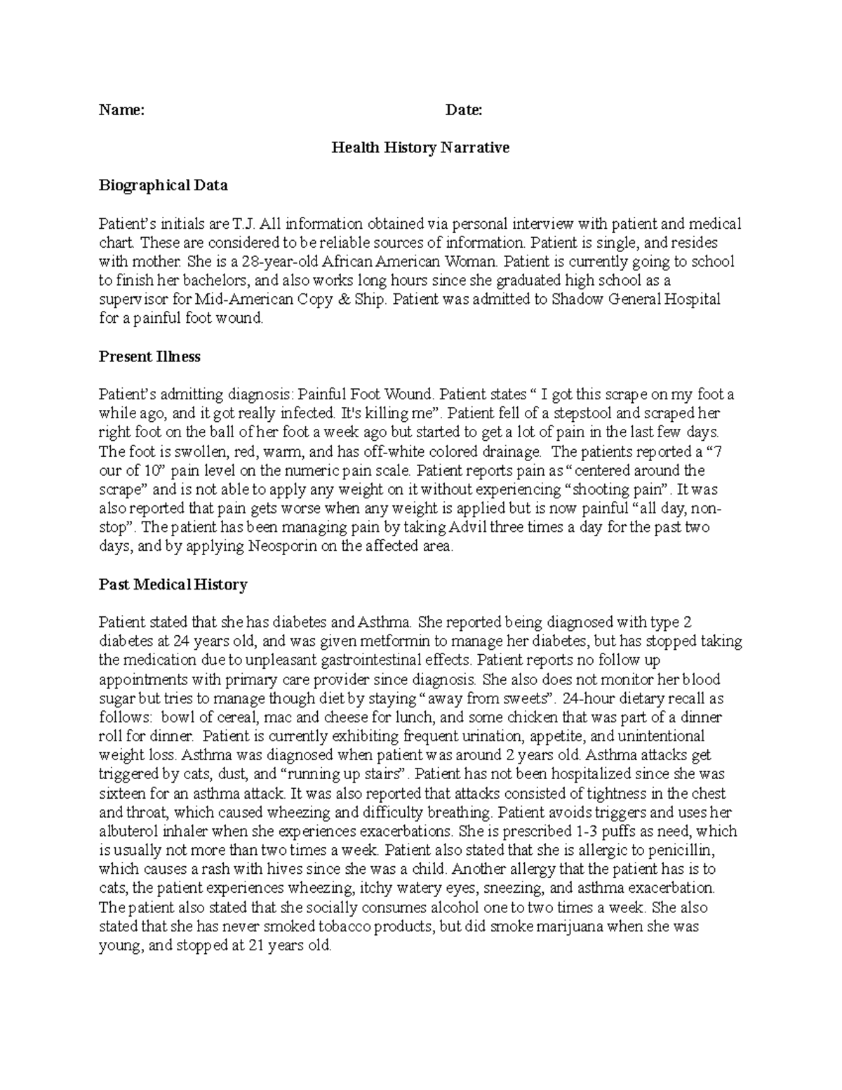 Health History Narrative: Patient T - Shadow Health Case Study - Studocu