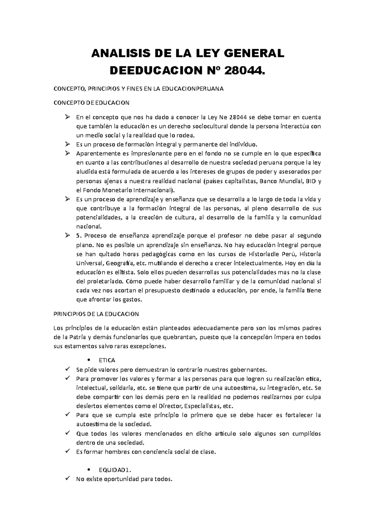 Análisis de la Ley General de Educación N° 28044: Principios y Críticas ...