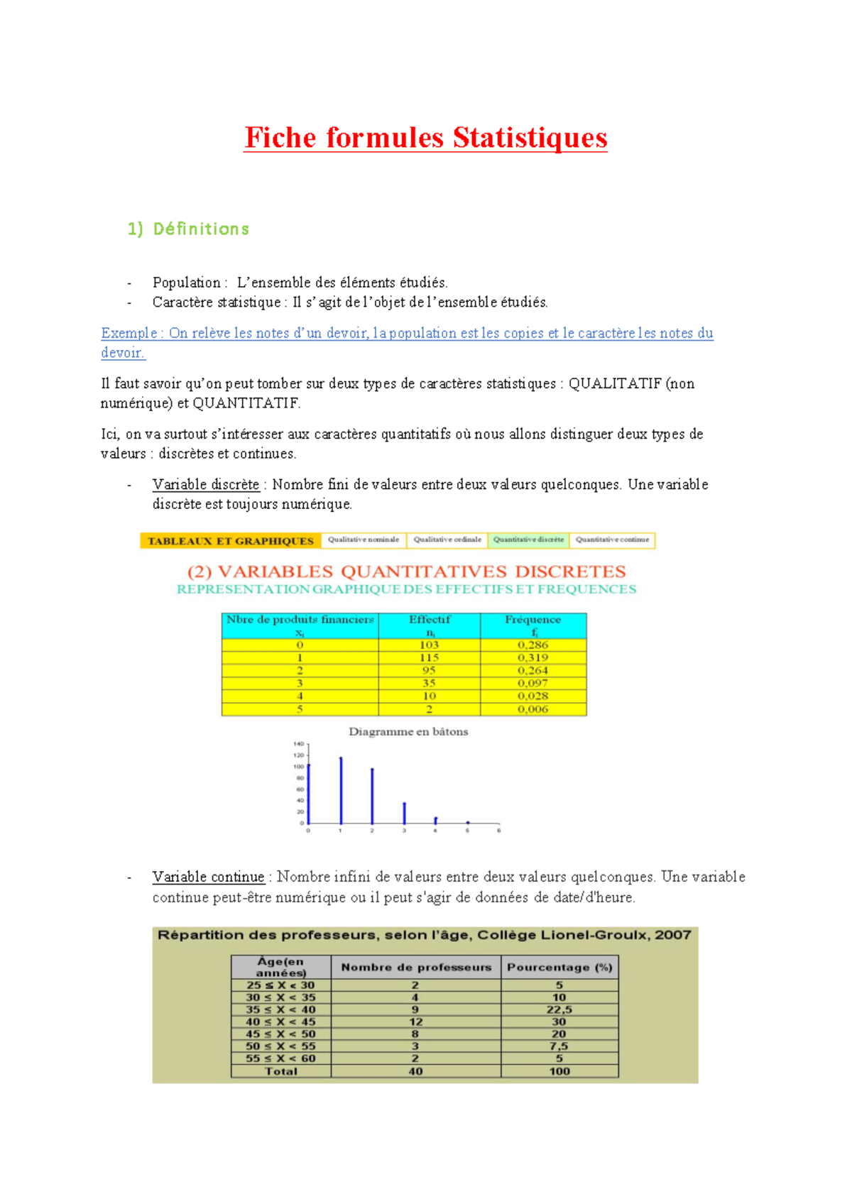 Fiche de Formules Statistiques - Méthodes et Exemples - Studocu