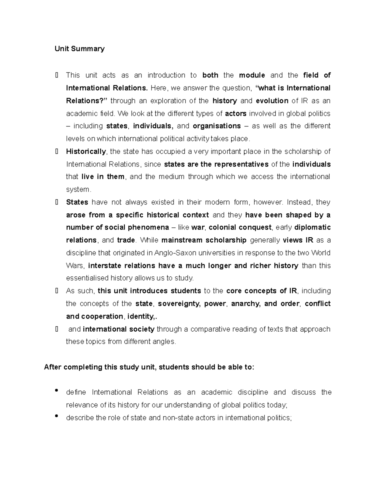 POLS 1524 Unit 1 Summary: Intro to International Relations Concepts ...