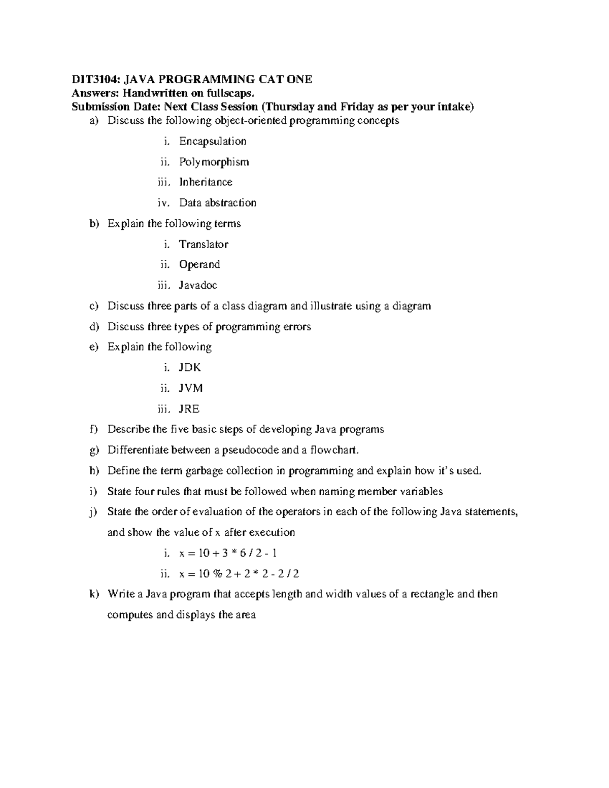 DIT3104: JAVA PROGRAMMING CAT ONE Notes and Answers - Studocu