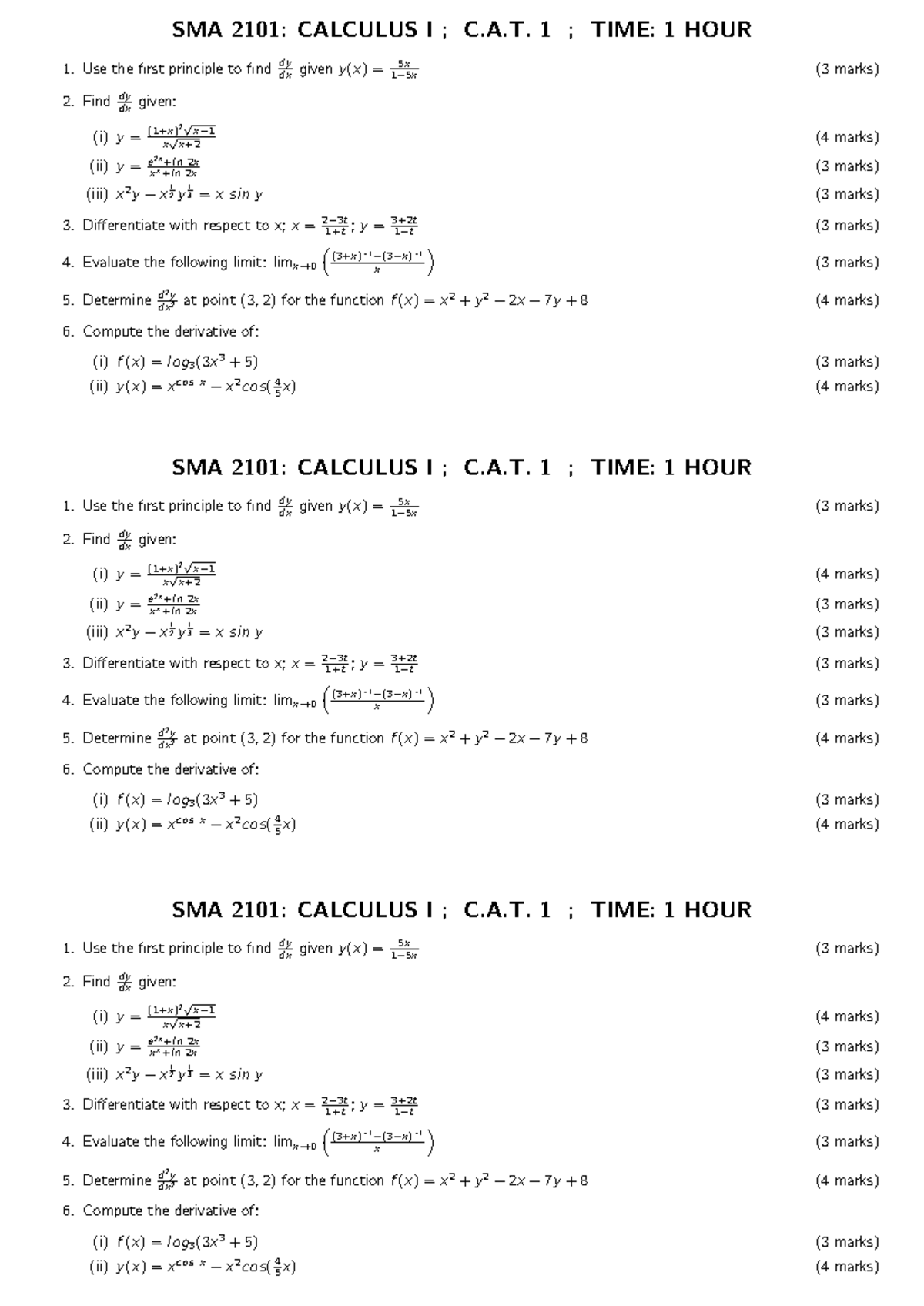 SMA 2101: Calculus I C.A.T. 1 - Derivatives and Limits Practice - Studocu