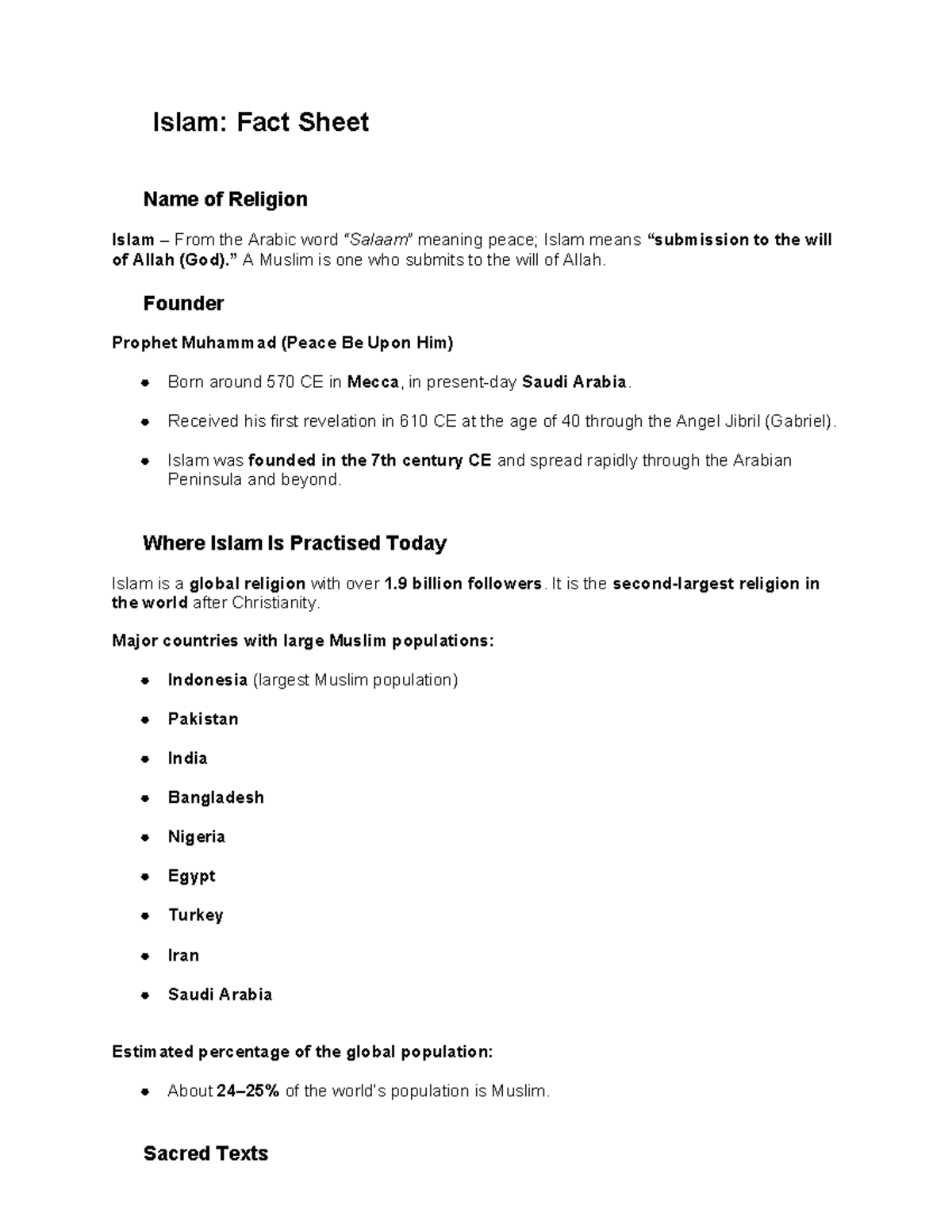 Islam (Islam-101): Comprehensive Fact Sheet on the Religion - Studocu