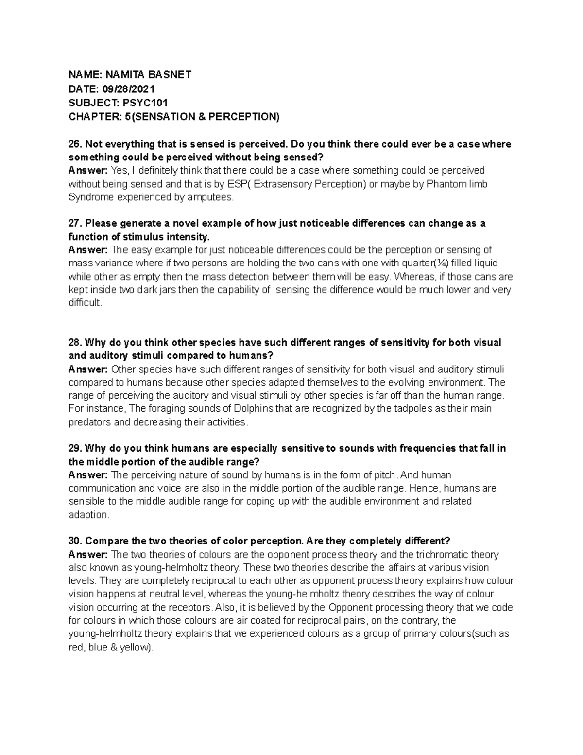 Critical Thinking Questions on Sensation & Perception - PSYC 5 - Studocu