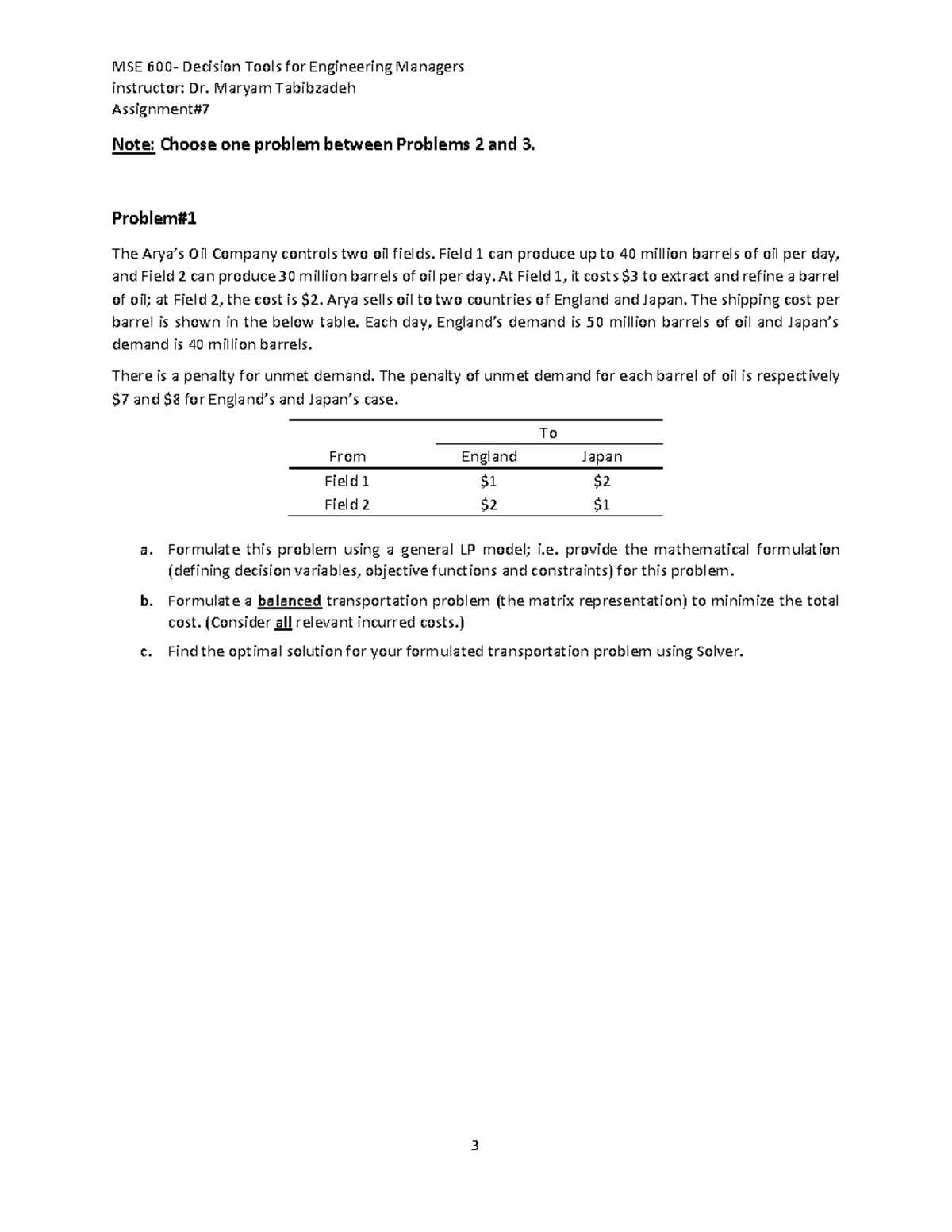 Assignment #7-2: Transportation Problem Formulation and Solutions - Studocu