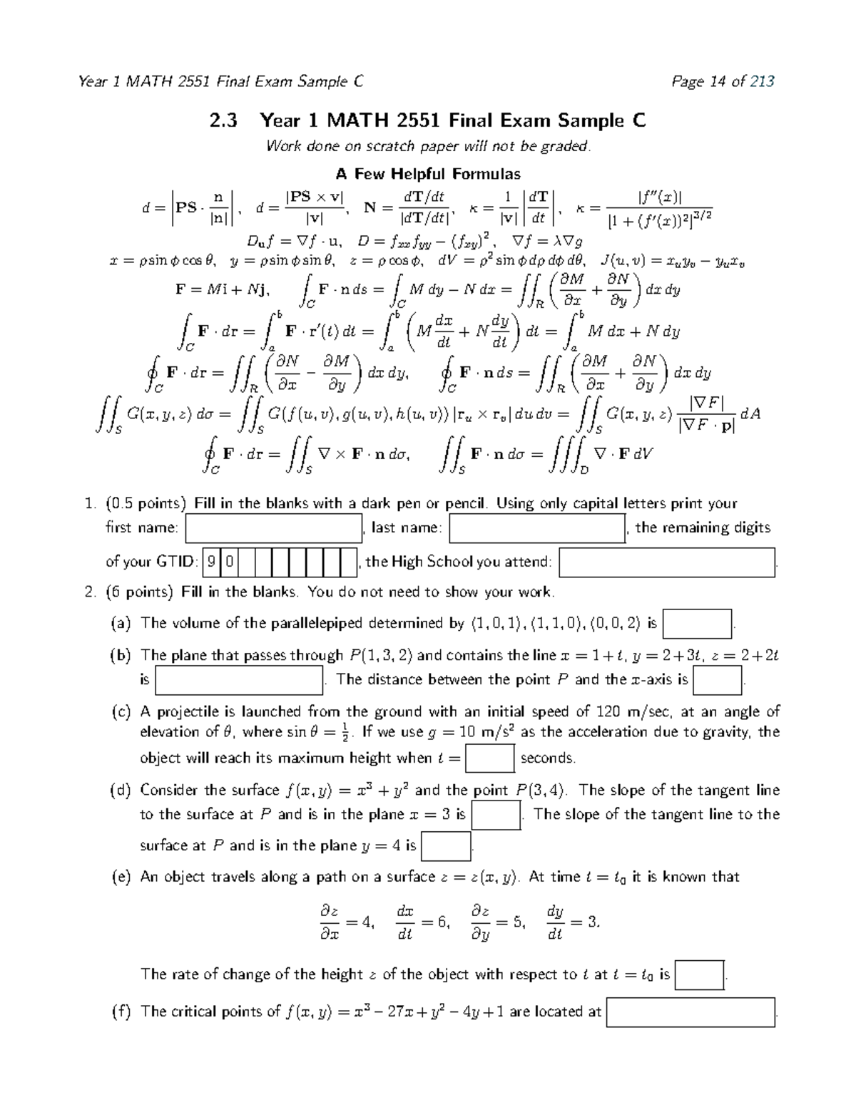 Year 1 MATH 2551 Final Exam Sample C - Practice Questions and Solutions ...