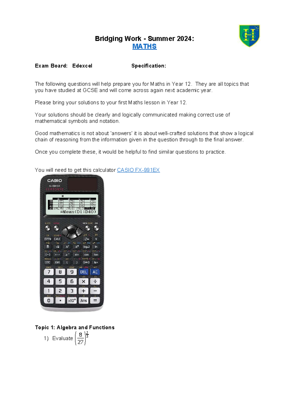 MATHS Bridging Work for Year 12: Edexcel Exam Prep 2024 - Studocu