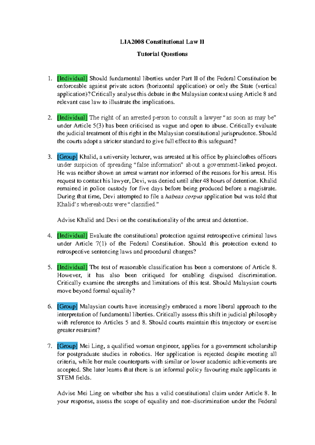 LIA2008 Sem 2 24.25 Tutorial Questions - LIA2008 Constitutional Law II ...