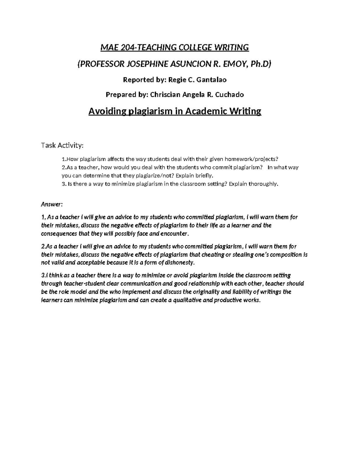 MAE COLLEGE WRITING: Avoiding Plagiarism in Academic Work - Studocu