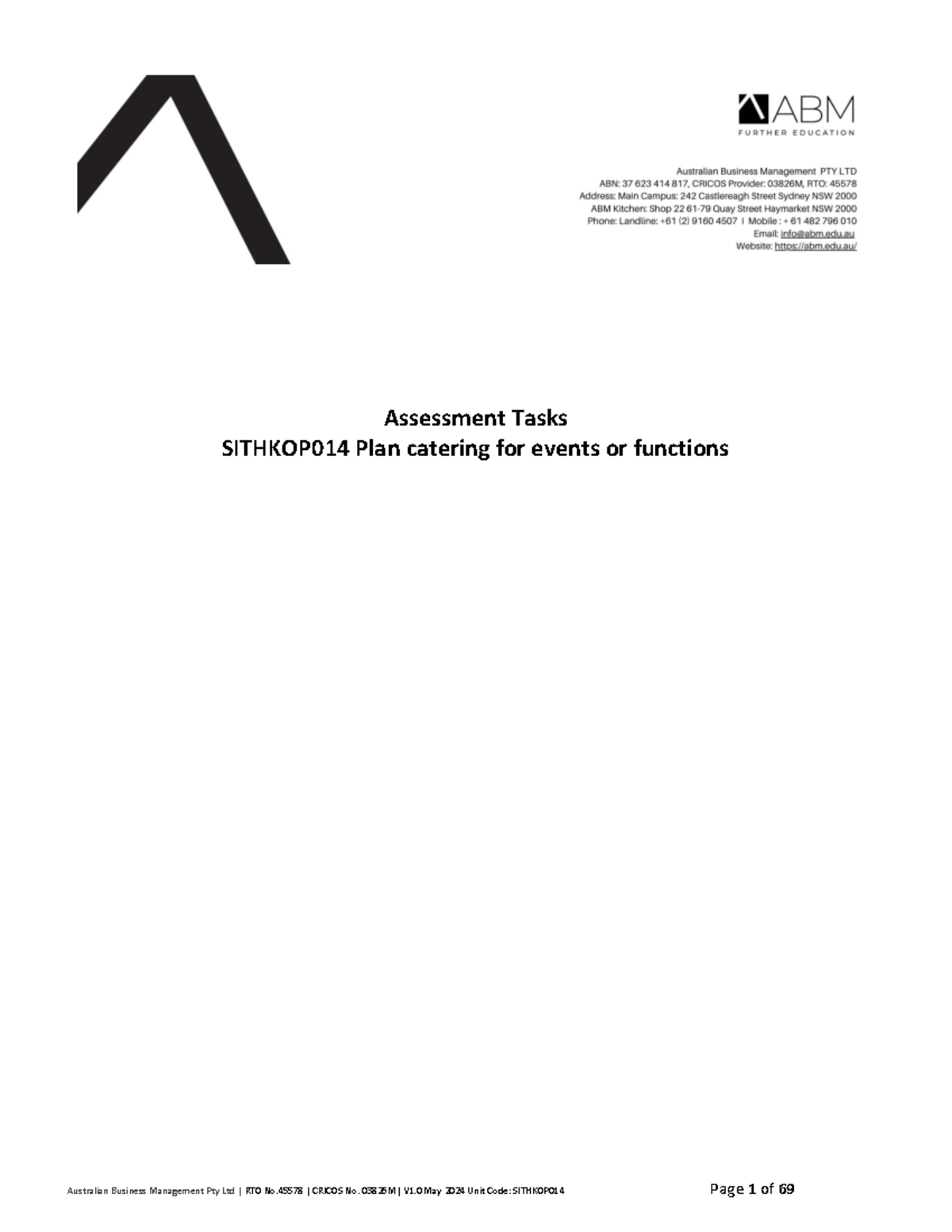 SITHKOP014 Student Assessment Pack: Catering for Events & Functions ...