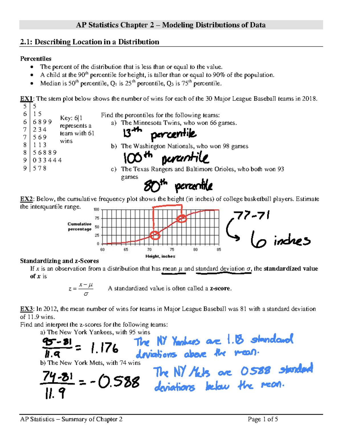 AP Statistics (APST) Chapter 2 Notes: Modeling Data Distributions - Studocu