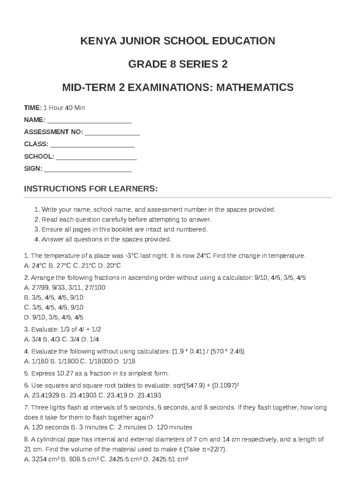 Grade 8 Math Midterm 2 Exam: Kenya Junior School Series 2 - Studocu