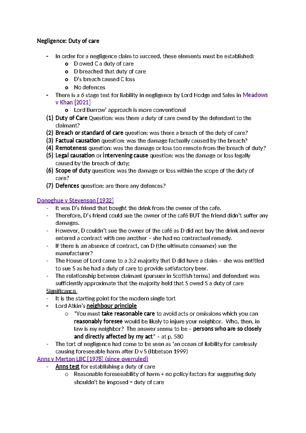 Negligence in Law: Duty of Care and Key Cases Analysis - Studocu