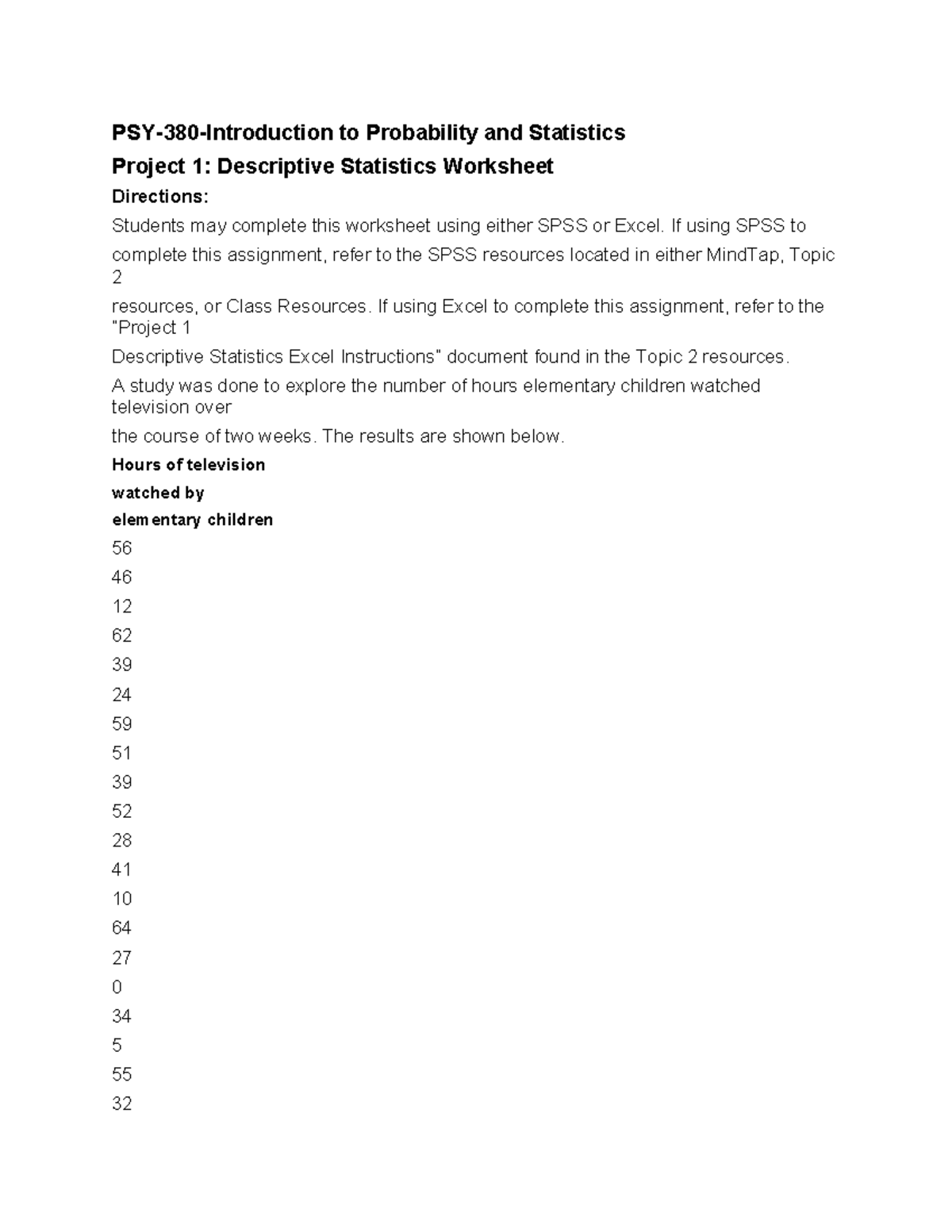 Probability and Statistics Project 1: Descriptive Stats Worksheet - Studocu