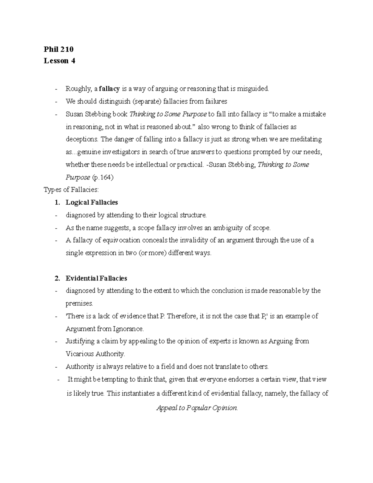Phil 210 Lesson 4: Understanding Fallacies in Reasoning - Studocu