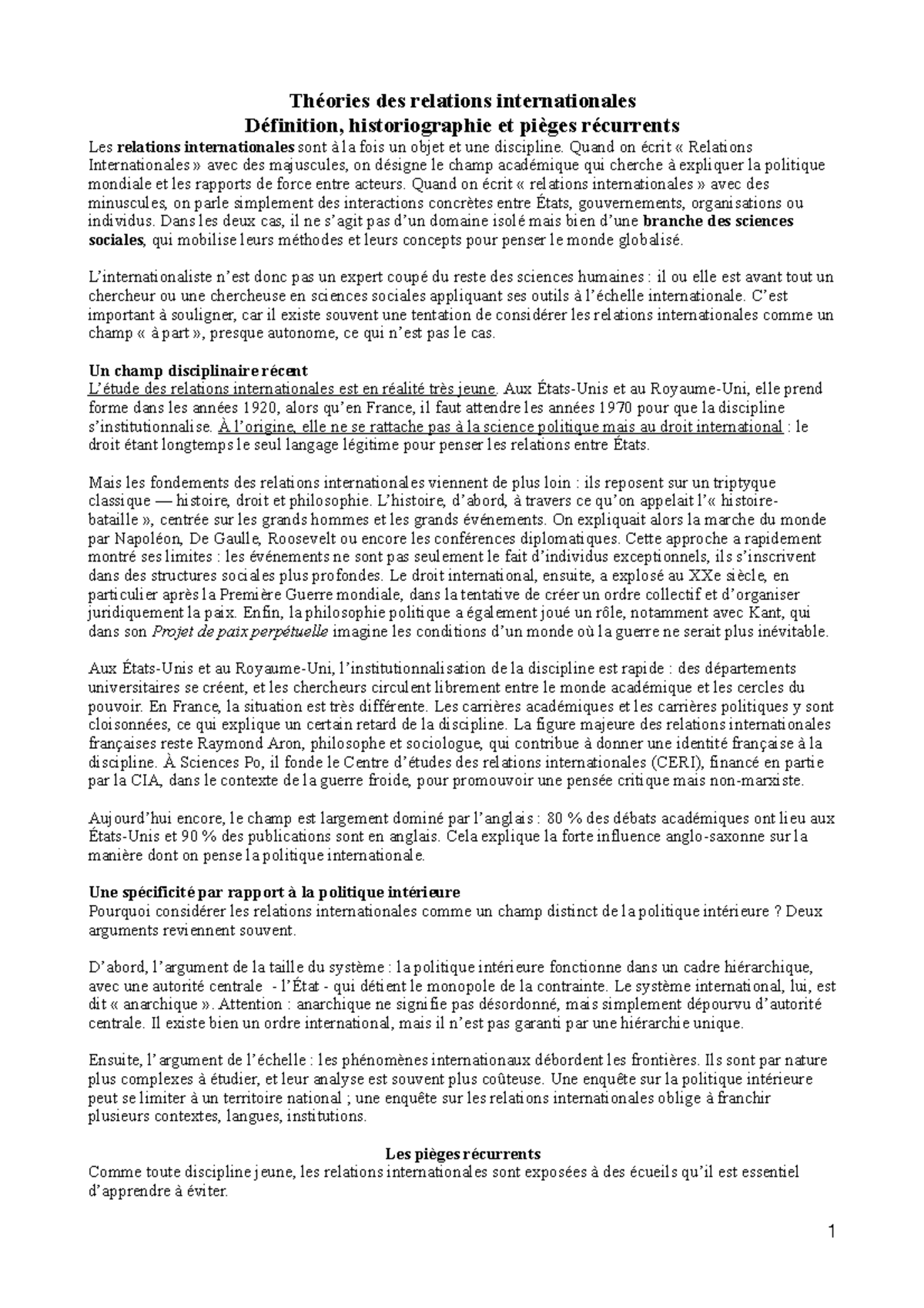 Théories des Relations Internationales : Définition et Historiographie ...