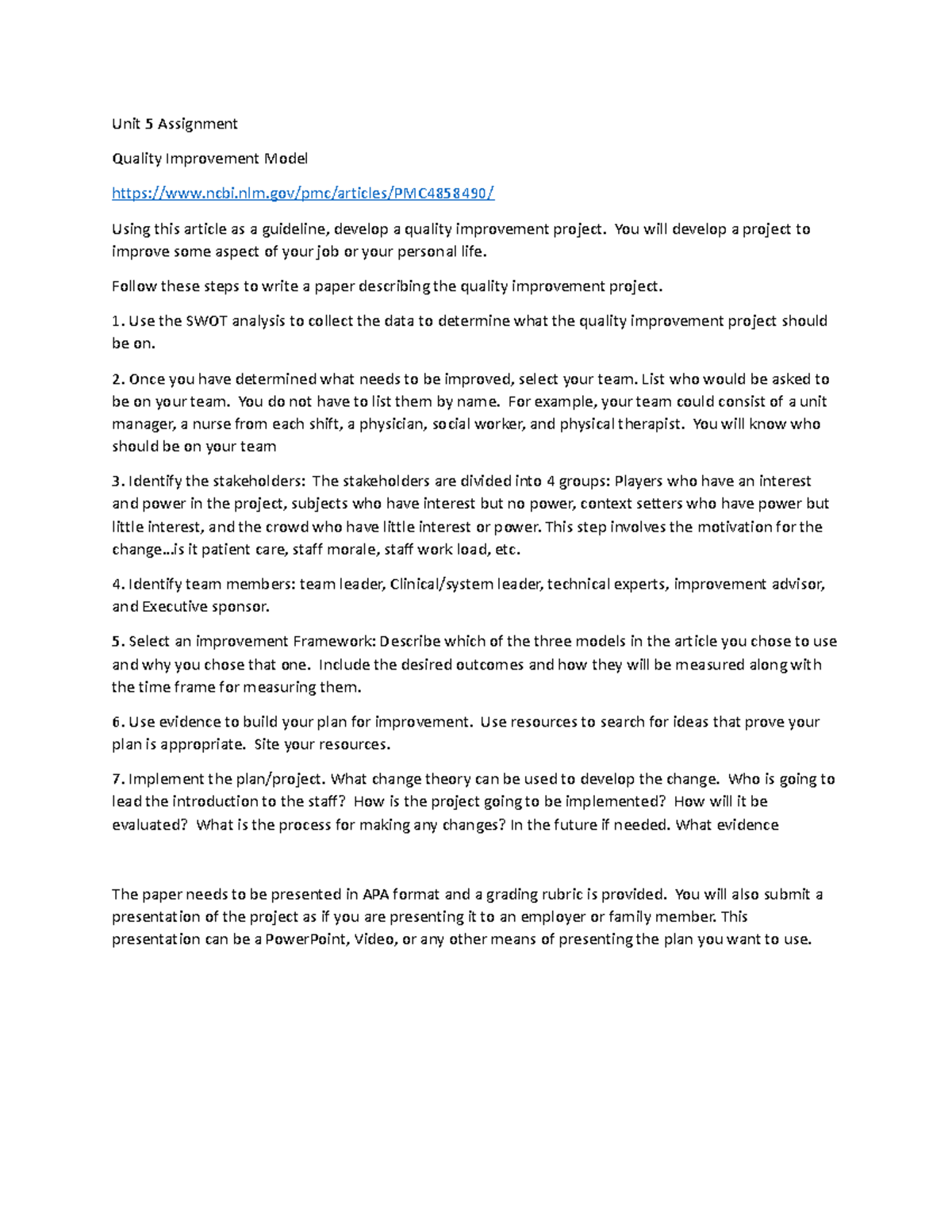 QI - Quality Improvement Project Unit 5 Assignment Guidelines - Studocu