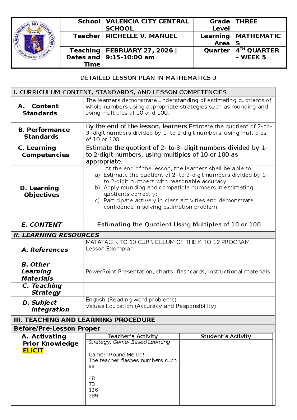 Detailed Lesson Plan in Mathematics 3 (MATH3) - Estimating Quotients ...