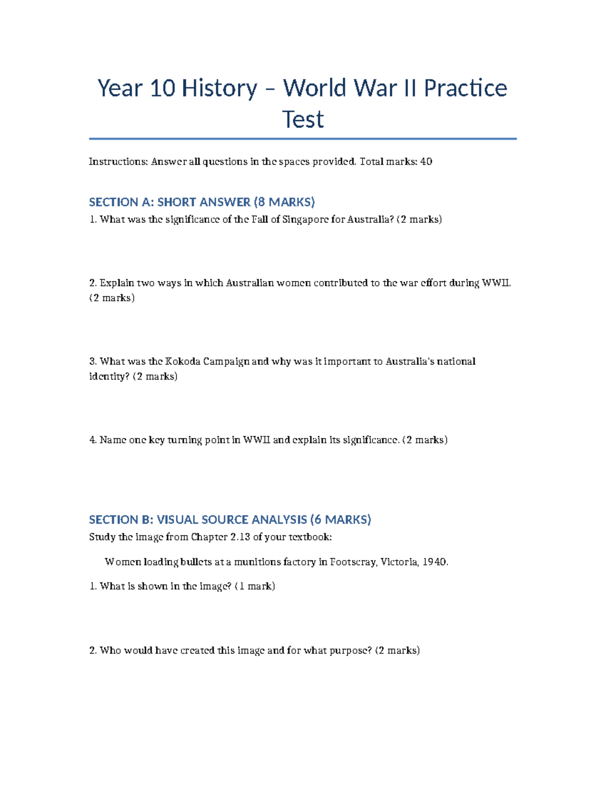 Year 10 History WWII Practice Test - Key Concepts & Analysis - Studocu