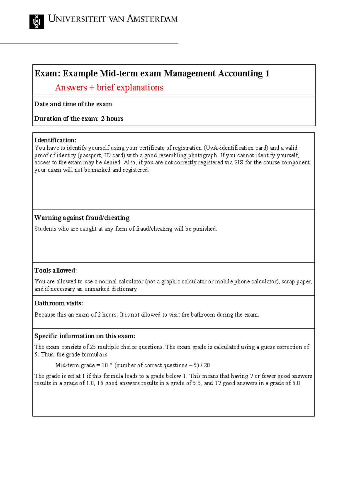 Example Mid-Term Exam Answers for MA 1: Management Accounting - Studeersnel