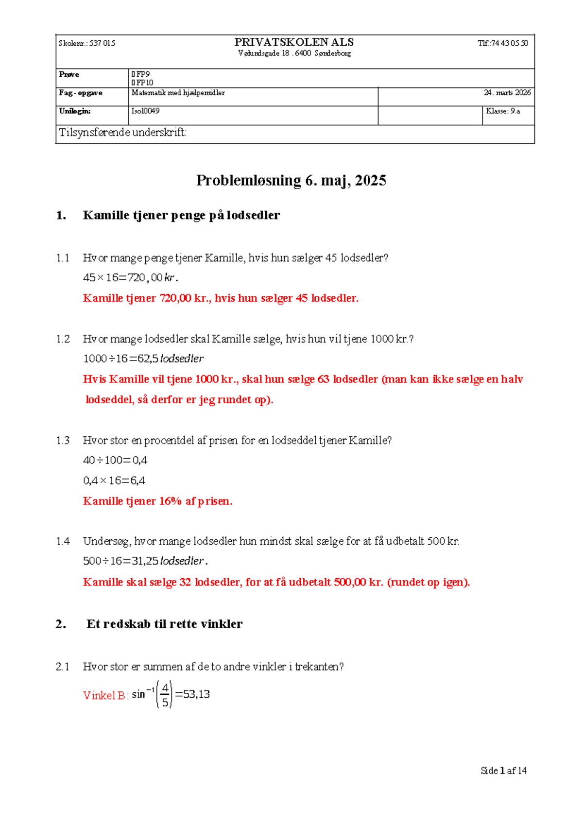 FP9 FP10 Matematik Prøve med Hjælpemidler - 9.a Opgaver 2026 - Studocu