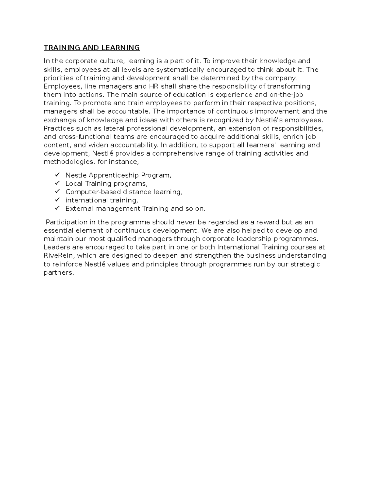 Nestle training and learning - TRAINING AND LEARNING In the corporate ...
