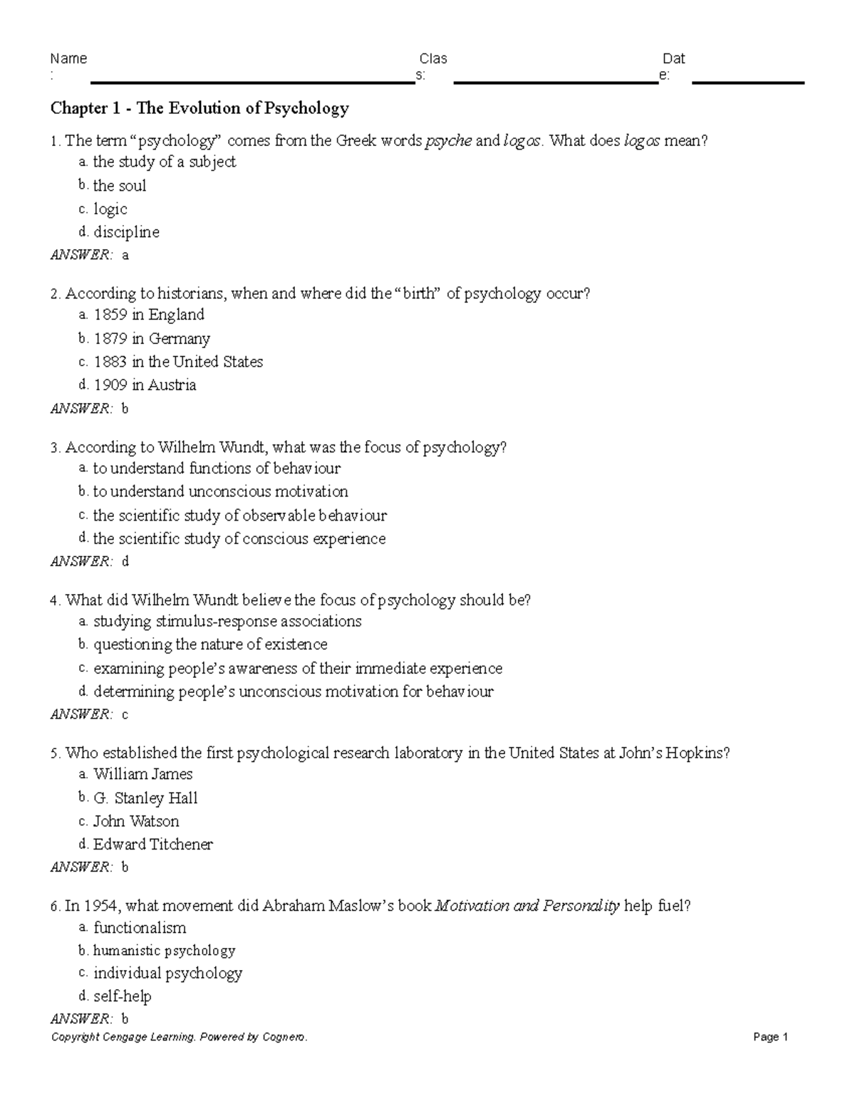 Chapter 1 The Evolution of Psychology - Chapter 1 - The Evolution of ...