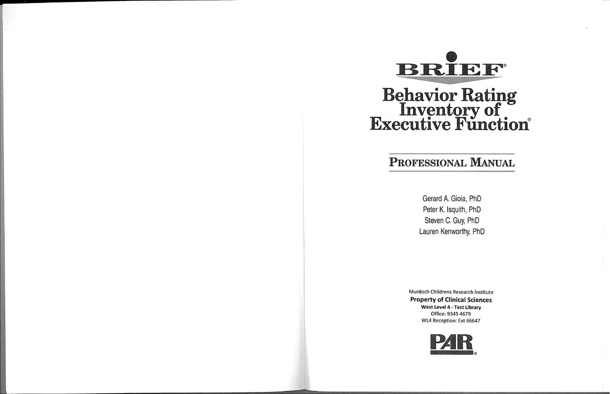 Behavior Rating Inventory of Executive Function® (BRIEF) Manual - Document Preview