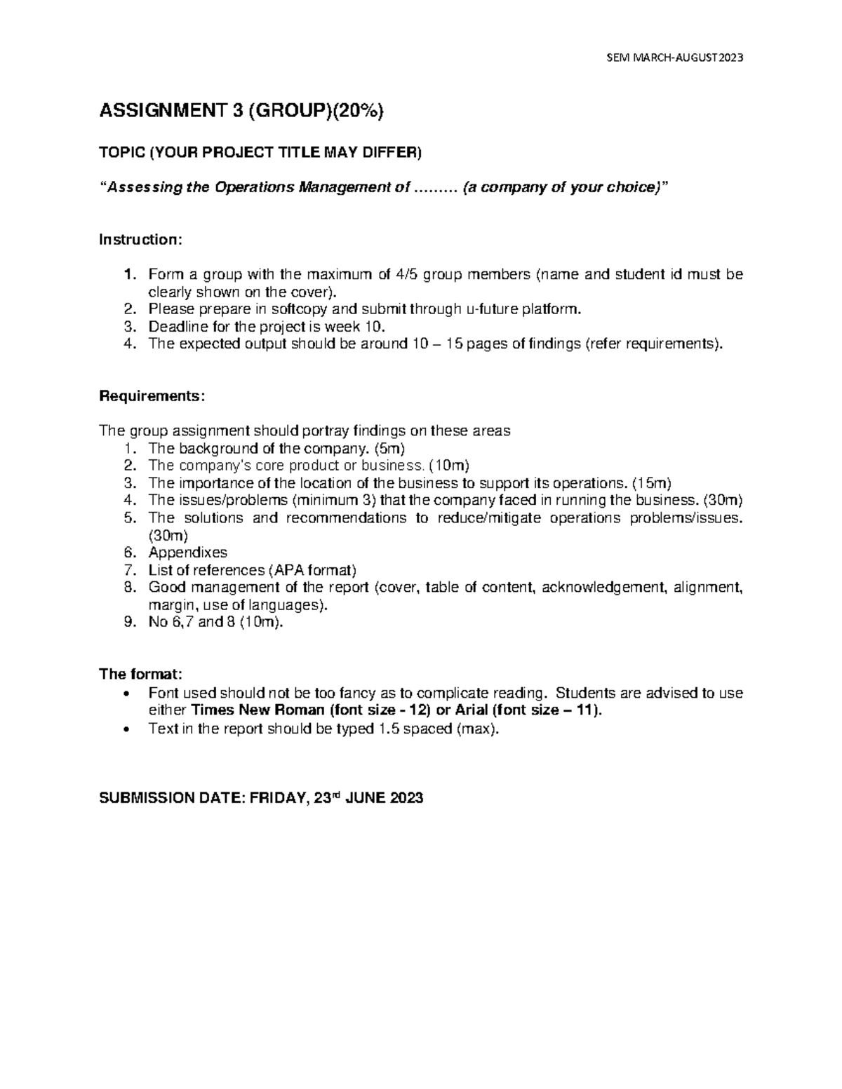 Operations Management Project: Group Assignment 3 (SEM MARCH-AUGUST ...