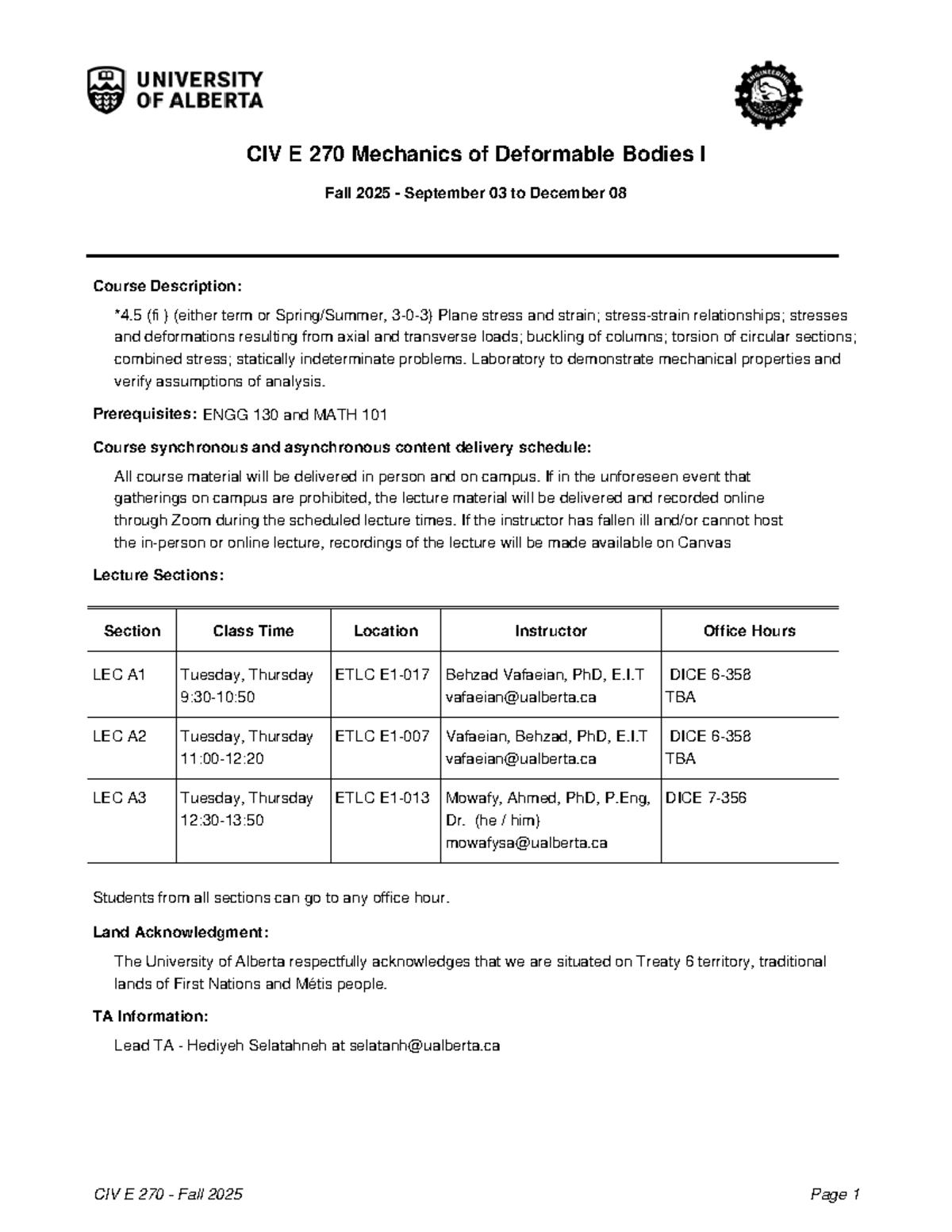 CIV E 270 Mechanics of Deformable Bodies I Syllabus Fall 2025 - Studocu