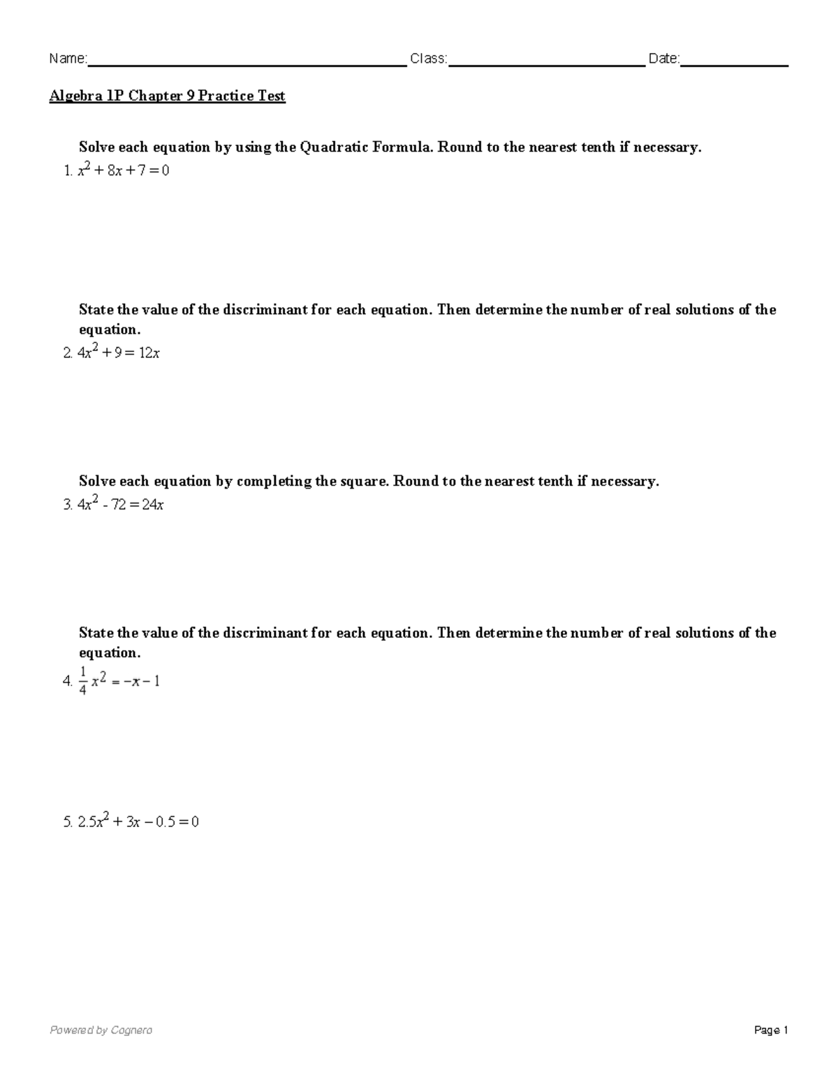 Algebra 1P Chapter 9 Practice Test: Quadratic Equations & Graphing ...