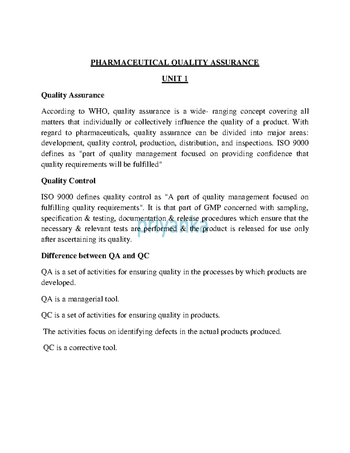 PHARMACEUTICAL QUALITY ASSURANCE UNIT 1: QA & QC Fundamentals - Studocu