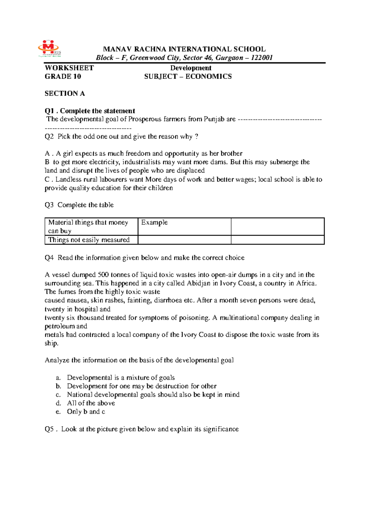 Economics Class 10 CBSE - Development Worksheet for Chapter 1 - Studocu
