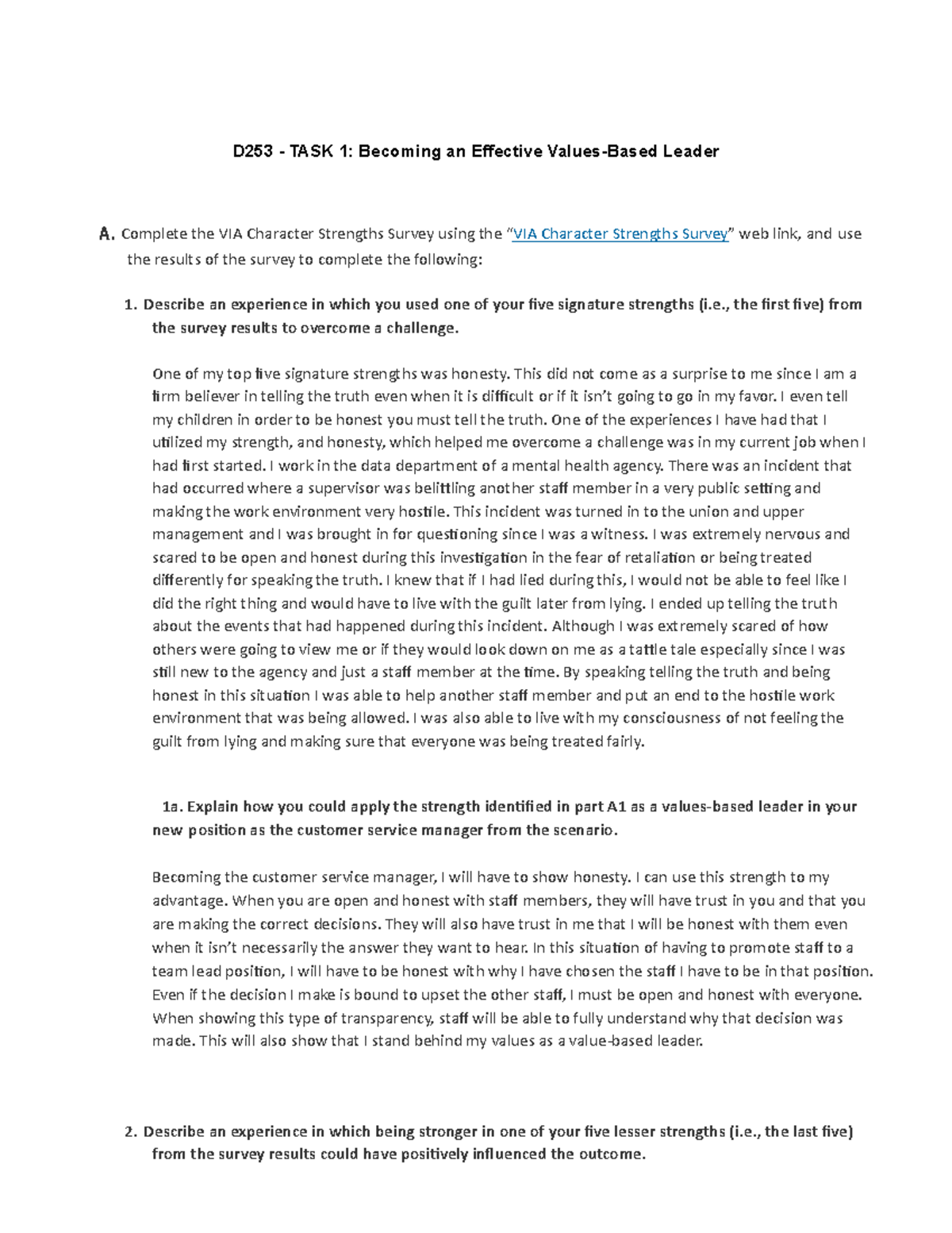 D253 Task 1 - D253 Task 1 - D253 - TASK 1: Becoming an Effective Values ...