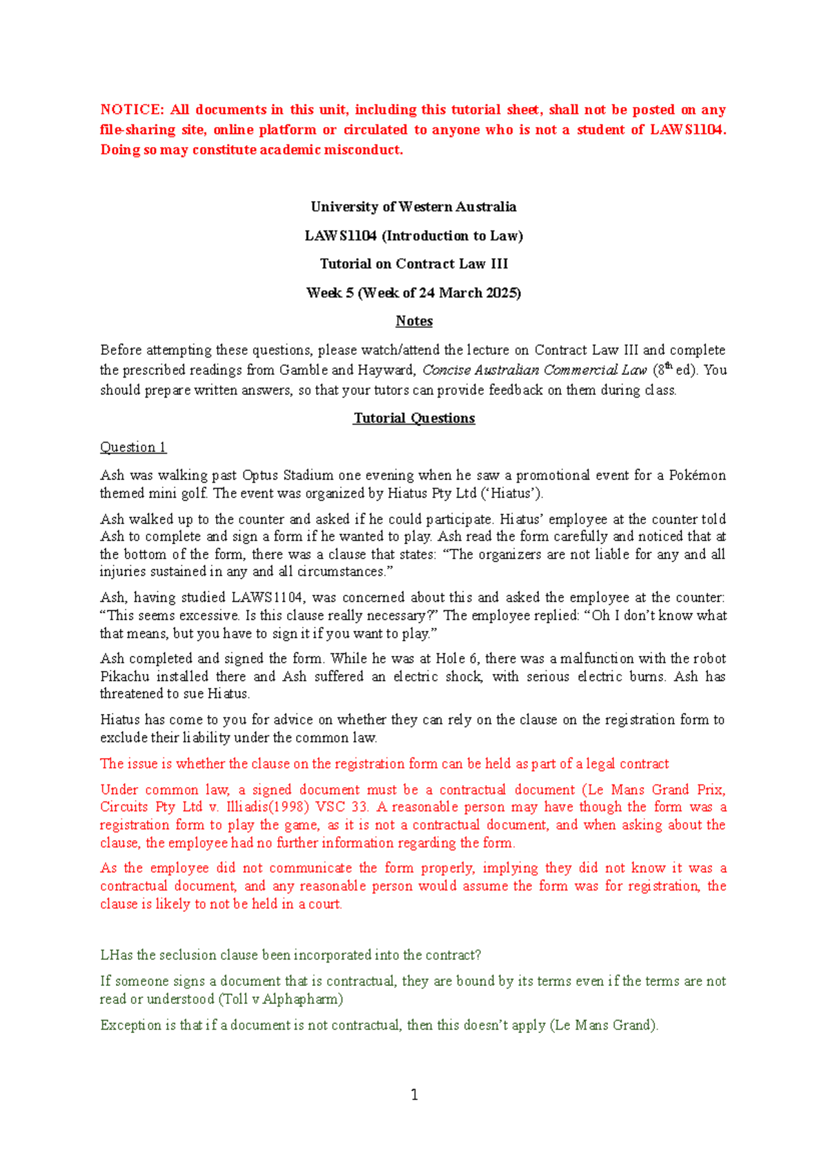 LAWS1104 Week 5 Tutorial Notes on Contract Law and Liability Issues ...