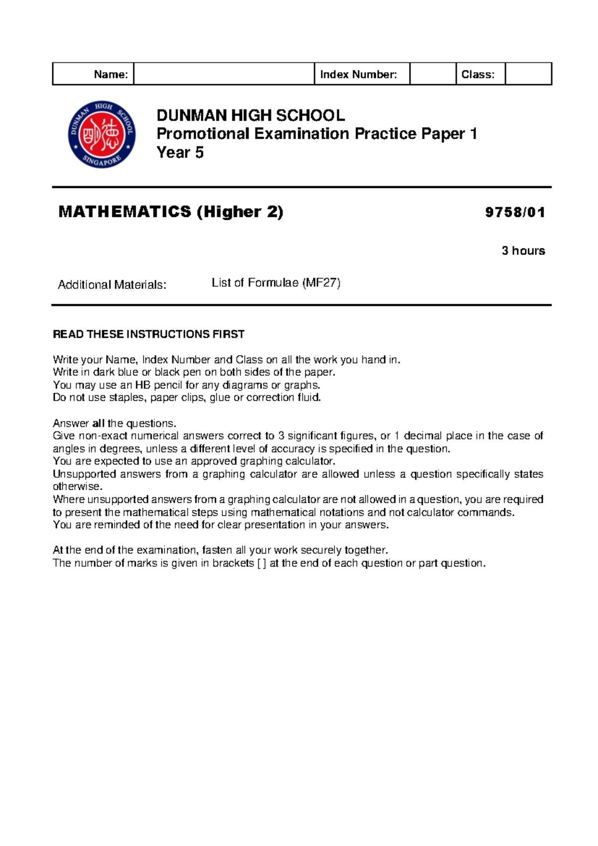 2024 DHS Year 5 H2 Mathematics Promotional Exam Practice Paper 1 - Studocu