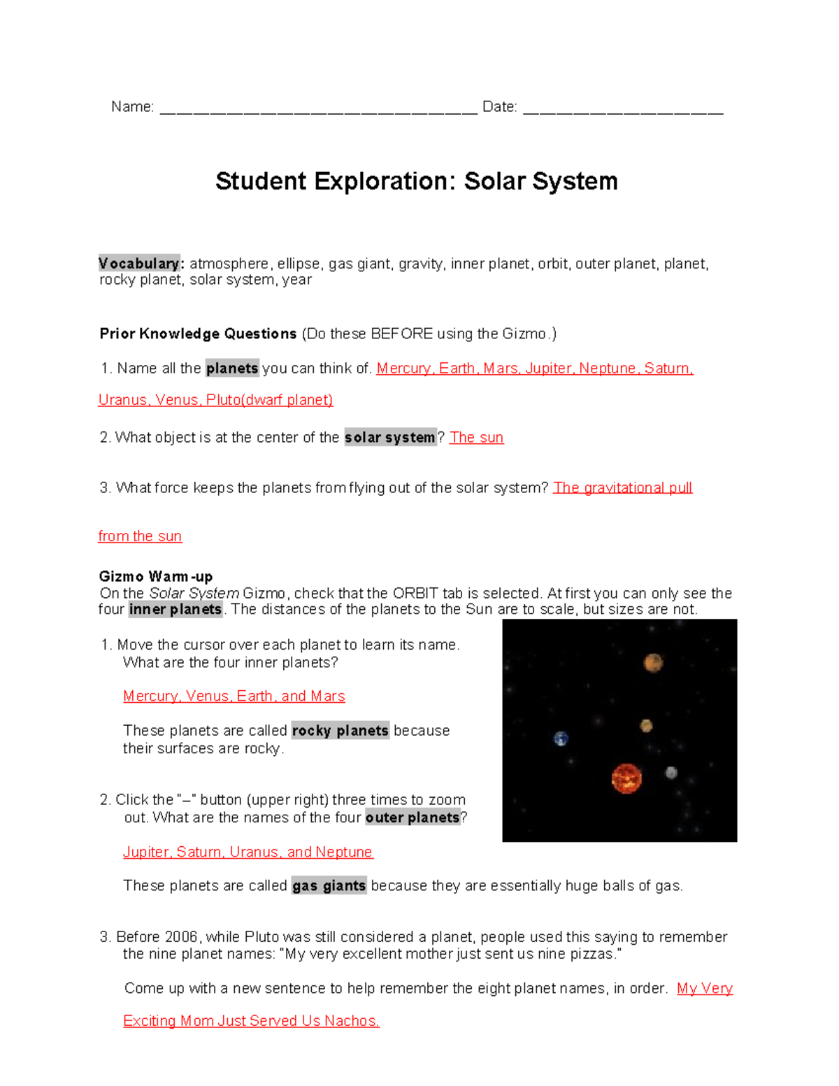 Exploration of the Solar System: Gizmo Activity (1 9 25) - Studocu