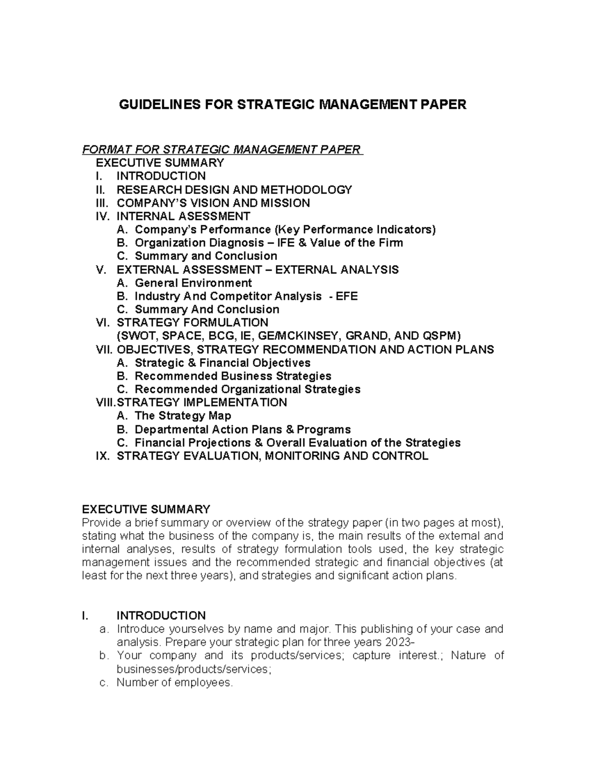 Guidelines for Writing the Strategic Management Paper (STRAMA) - Studocu