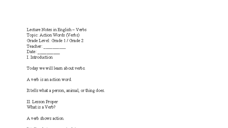 Lecture Notes in English verb - Bachelor of Elementary Education ...
