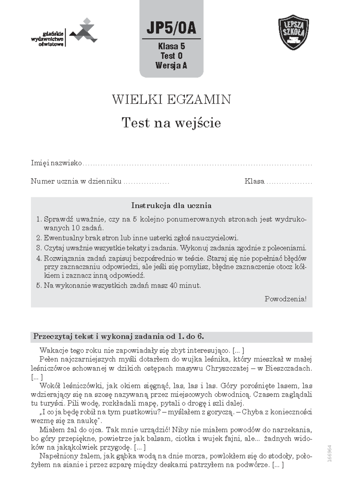 Test na wejście Klasa 5 Wersja A - WIELKI EGZAMIN - Studocu