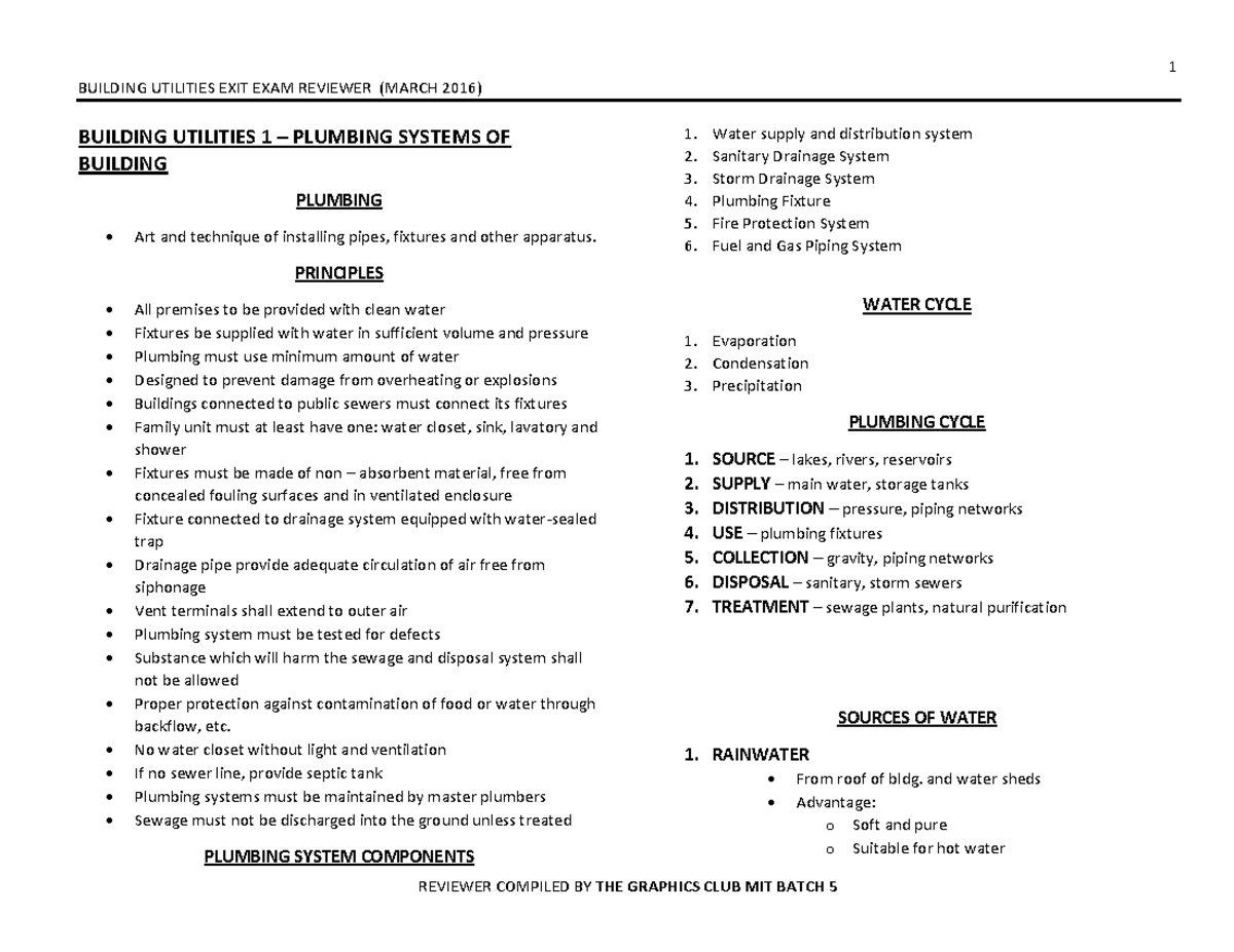 BUILDING UTILITIES EXIT EXAM REVIEW NOTES (MARCH 2016) - Studocu