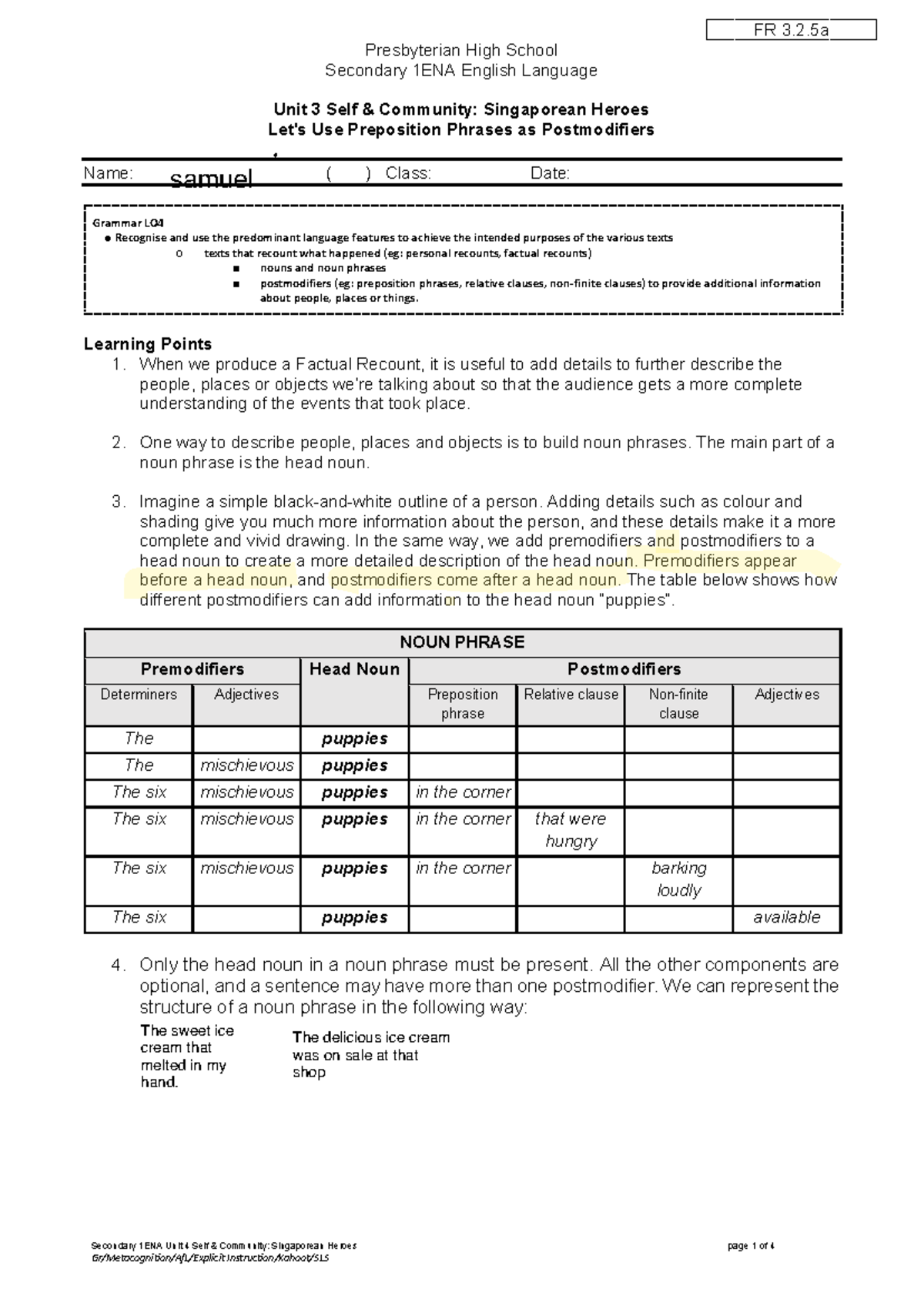 FR 3.2.5a Using Preposition Phrases as Postmodifiers: Grammar Overview ...
