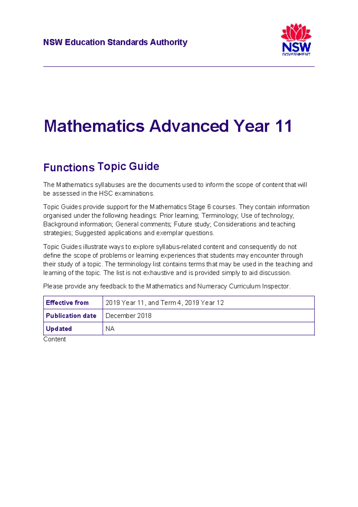 Mathematics Advanced Year 11 Topic Guide: Functions Overview - Studocu