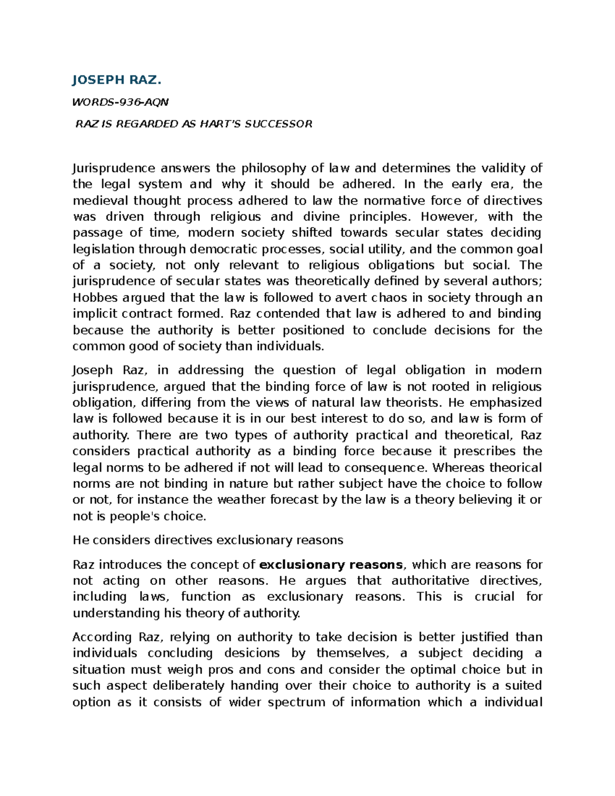Joseph Raz's Theory of Authority and Legal Obligation - AQN - Studocu
